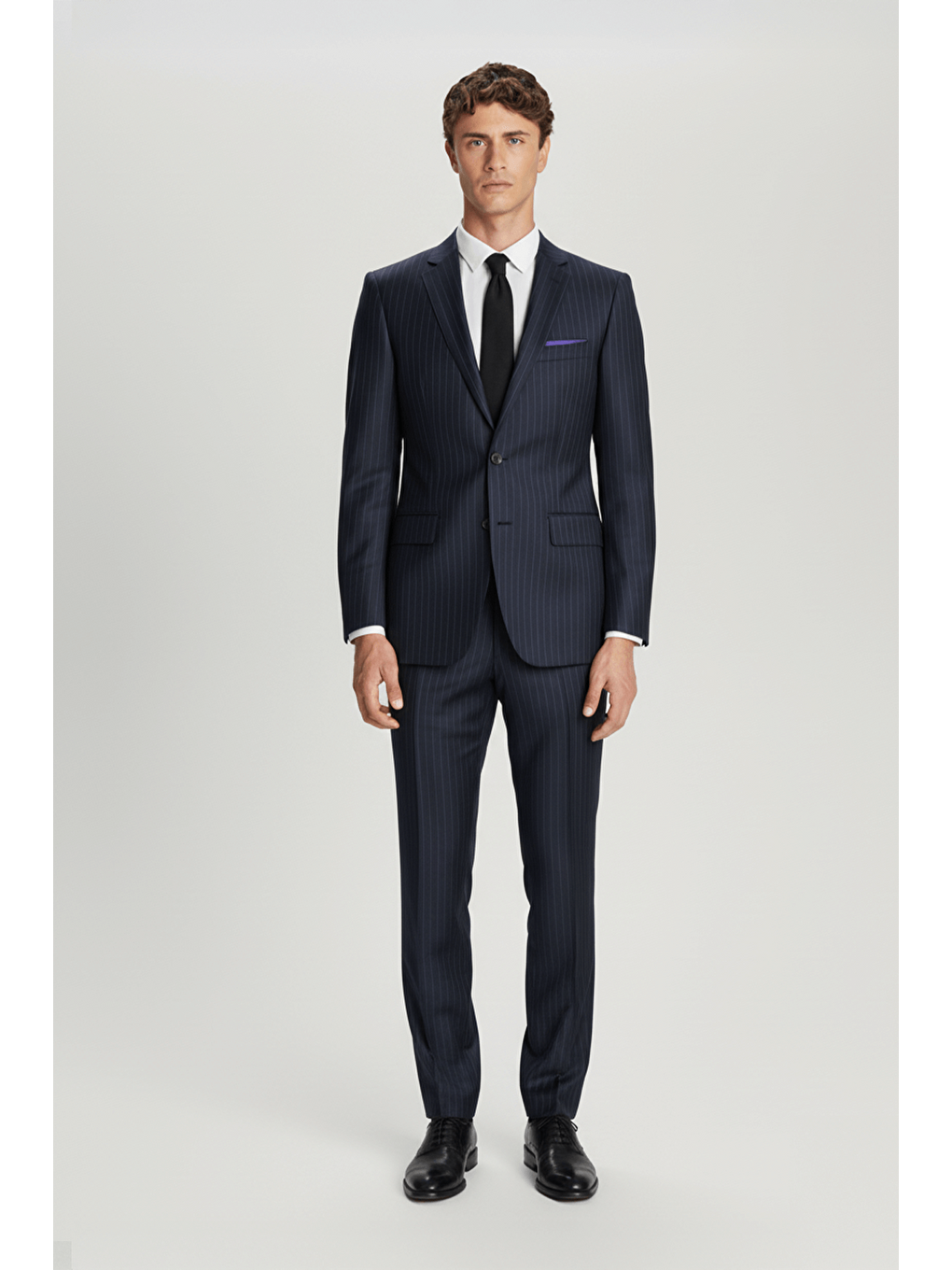 Siyah Regular Fit %100 Yün Çizgili Mono Yaka Takım Elbise-1