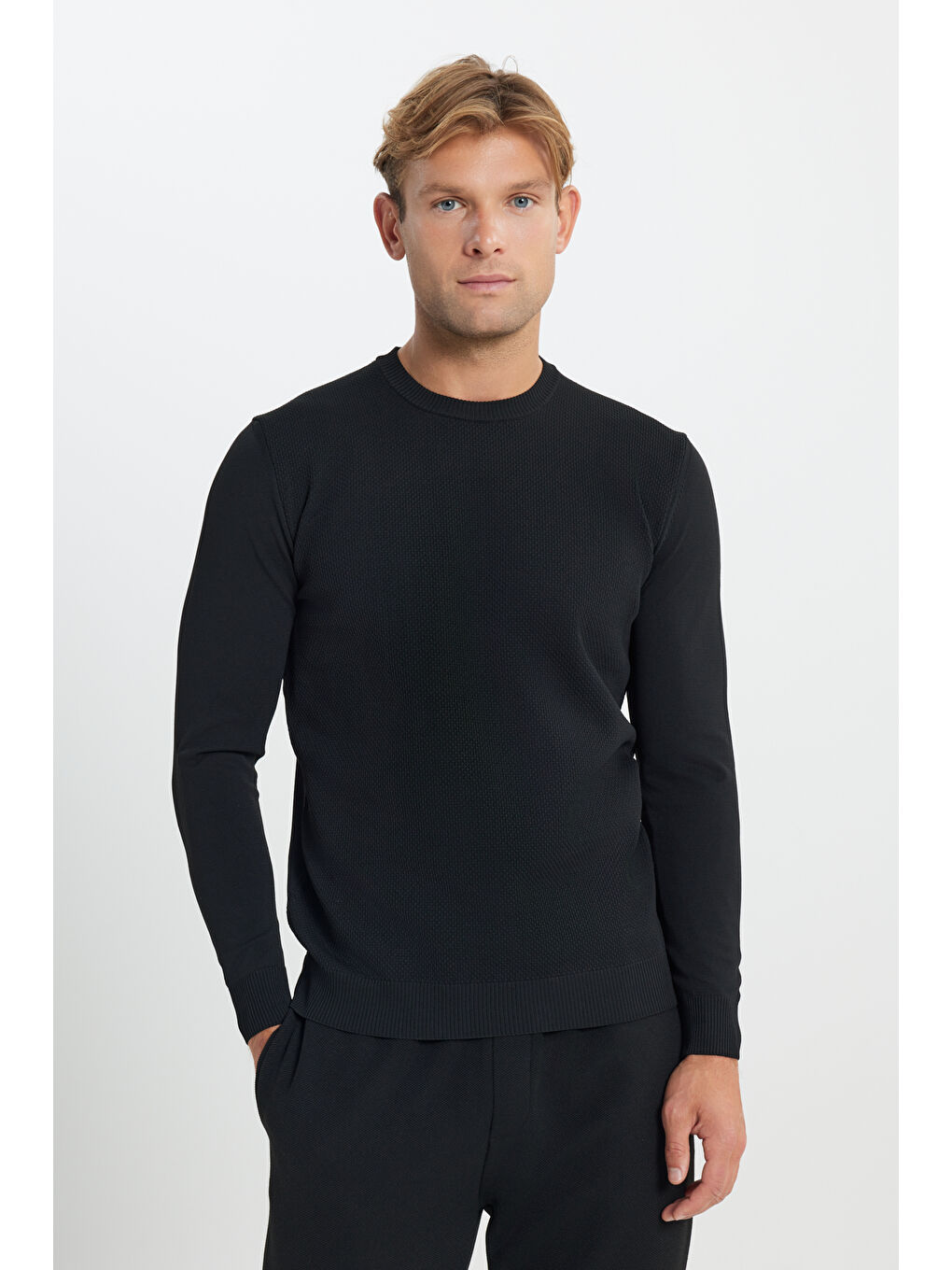 Erkek Siyah Standart Fit Normal Kesim Bisiklet Yaka Jakarlı Triko Kazak