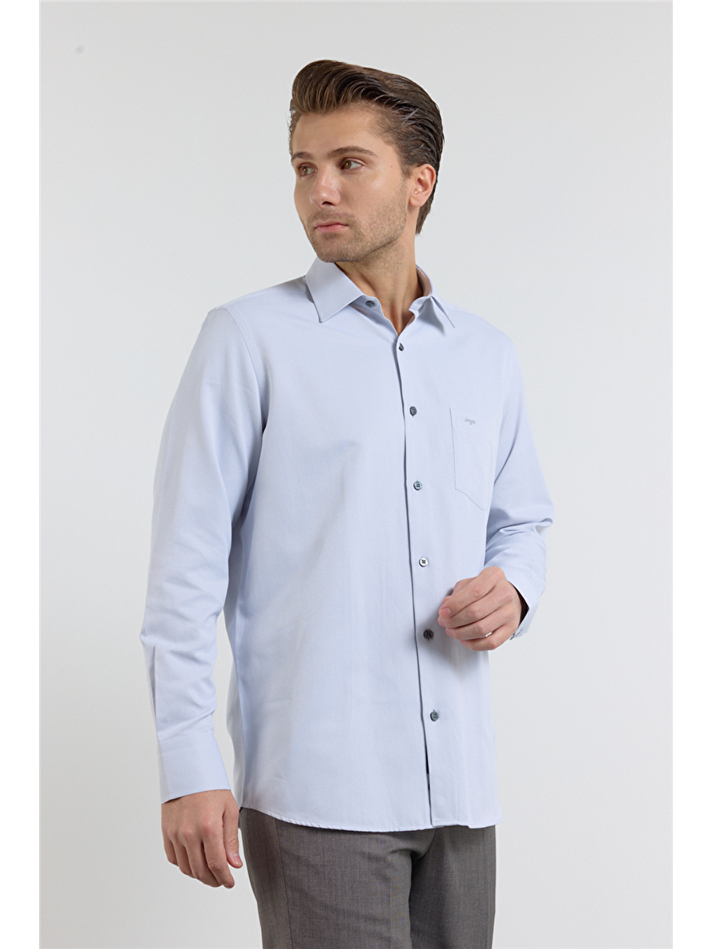 Gri Kendinden Desenli Sert Yaka Uzun Kol Cepli Comfort Fit Pamuklu Gömlek 1004255269