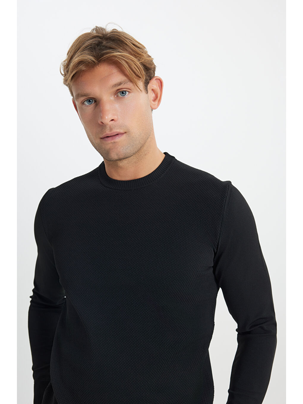 Erkek Siyah Standart Fit Normal Kesim Bisiklet Yaka Jakarlı Triko Kazak-4