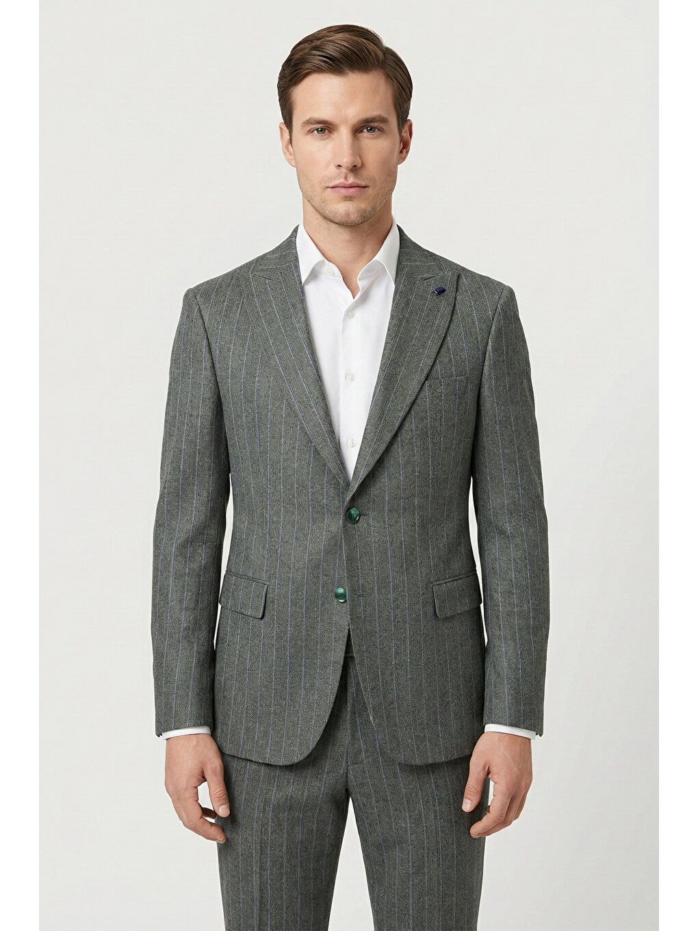 Giotelli Haki Slim Fit Çizgili Sivri Yaka 6 Drop Duble Paça Tam Astarlı Erkek Takım Elbise Rm