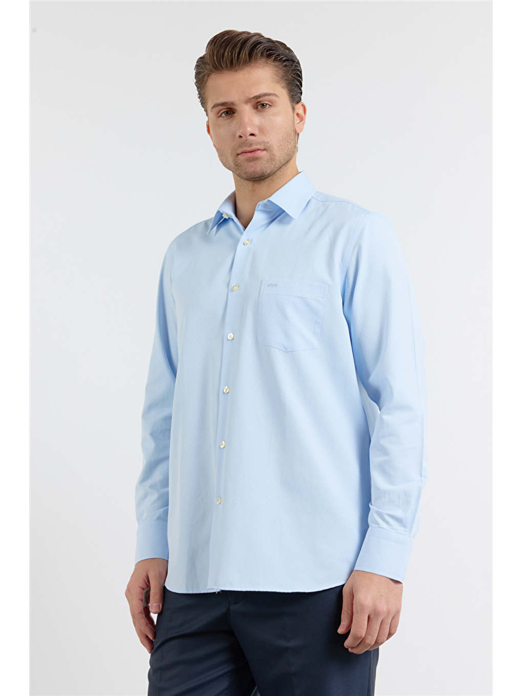 Mavi Kendinden Desenli Sert Yaka Uzun Kol Cepli Comfort Fit Pamuklu Gömlek 1004255225