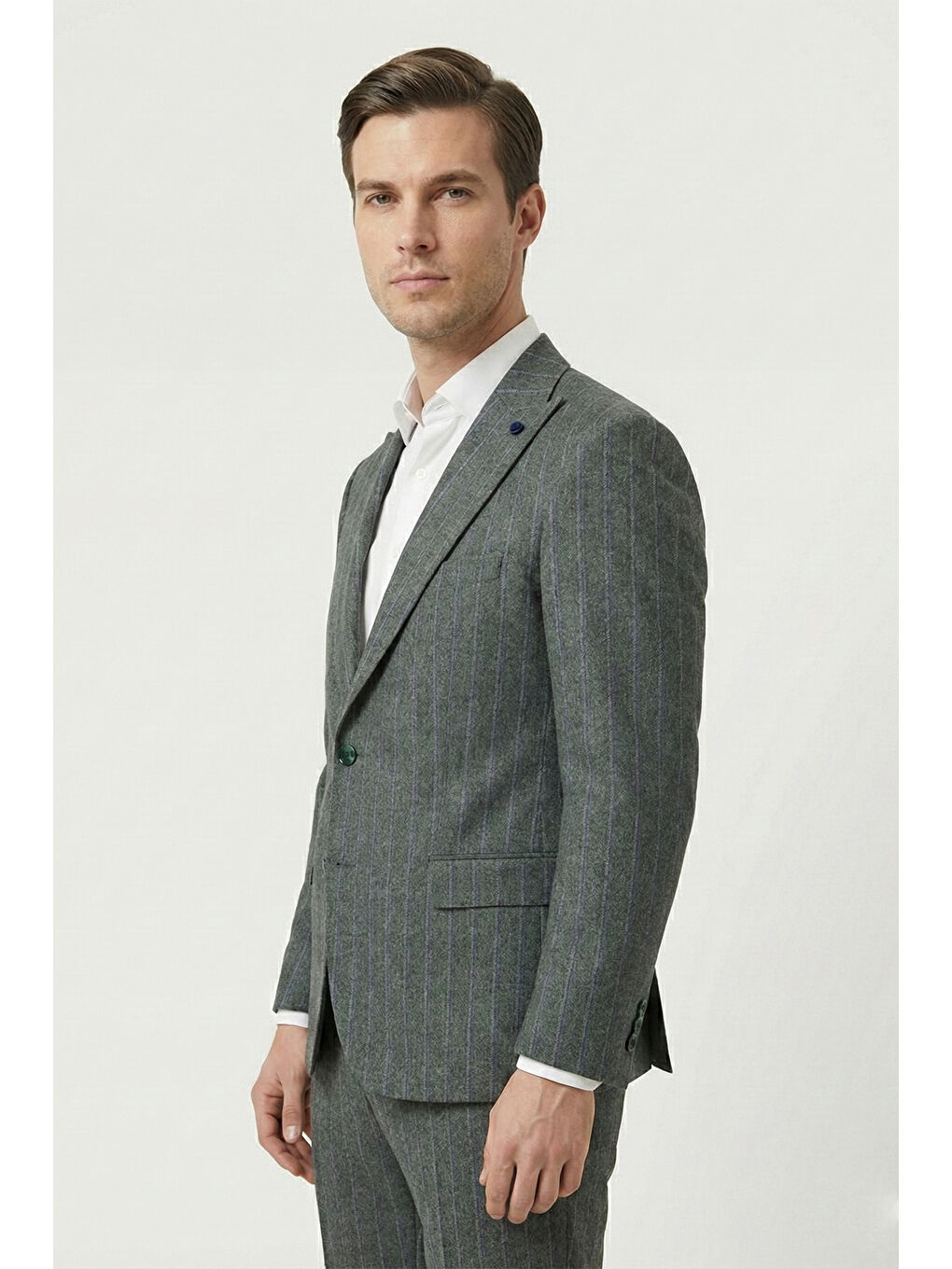 Giotelli Haki Slim Fit Çizgili Sivri Yaka 6 Drop Duble Paça Tam Astarlı Erkek Takım Elbise Rm-1