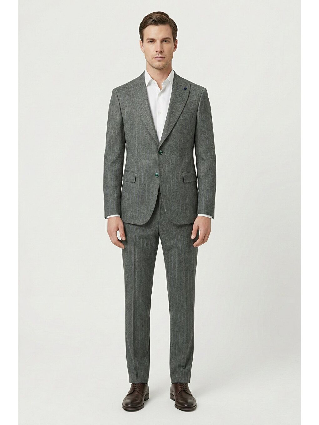 Giotelli Haki Slim Fit Çizgili Sivri Yaka 6 Drop Duble Paça Tam Astarlı Erkek Takım Elbise Rm-2