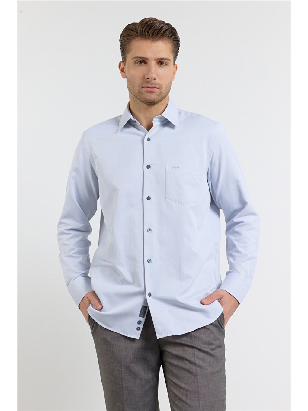 Gri Kendinden Desenli Sert Yaka Uzun Kol Cepli Comfort Fit Pamuklu Gömlek 1004255269-2