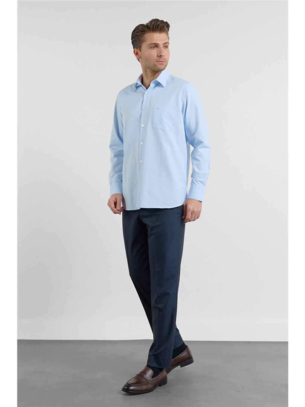 Mavi Kendinden Desenli Sert Yaka Uzun Kol Cepli Comfort Fit Pamuklu Gömlek 1004255225-1