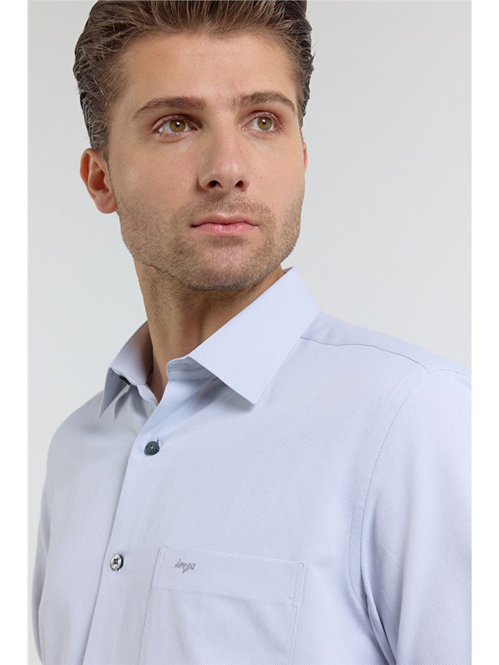 Gri Kendinden Desenli Sert Yaka Uzun Kol Cepli Comfort Fit Pamuklu Gömlek 1004255269-3