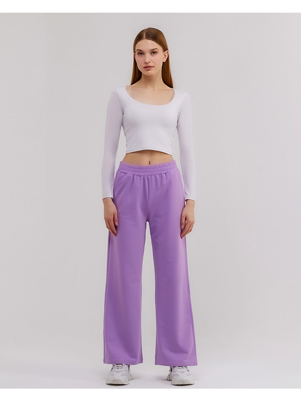 Lila Beli Lastikli Bol Paça Kadın Eşofman Altı N003