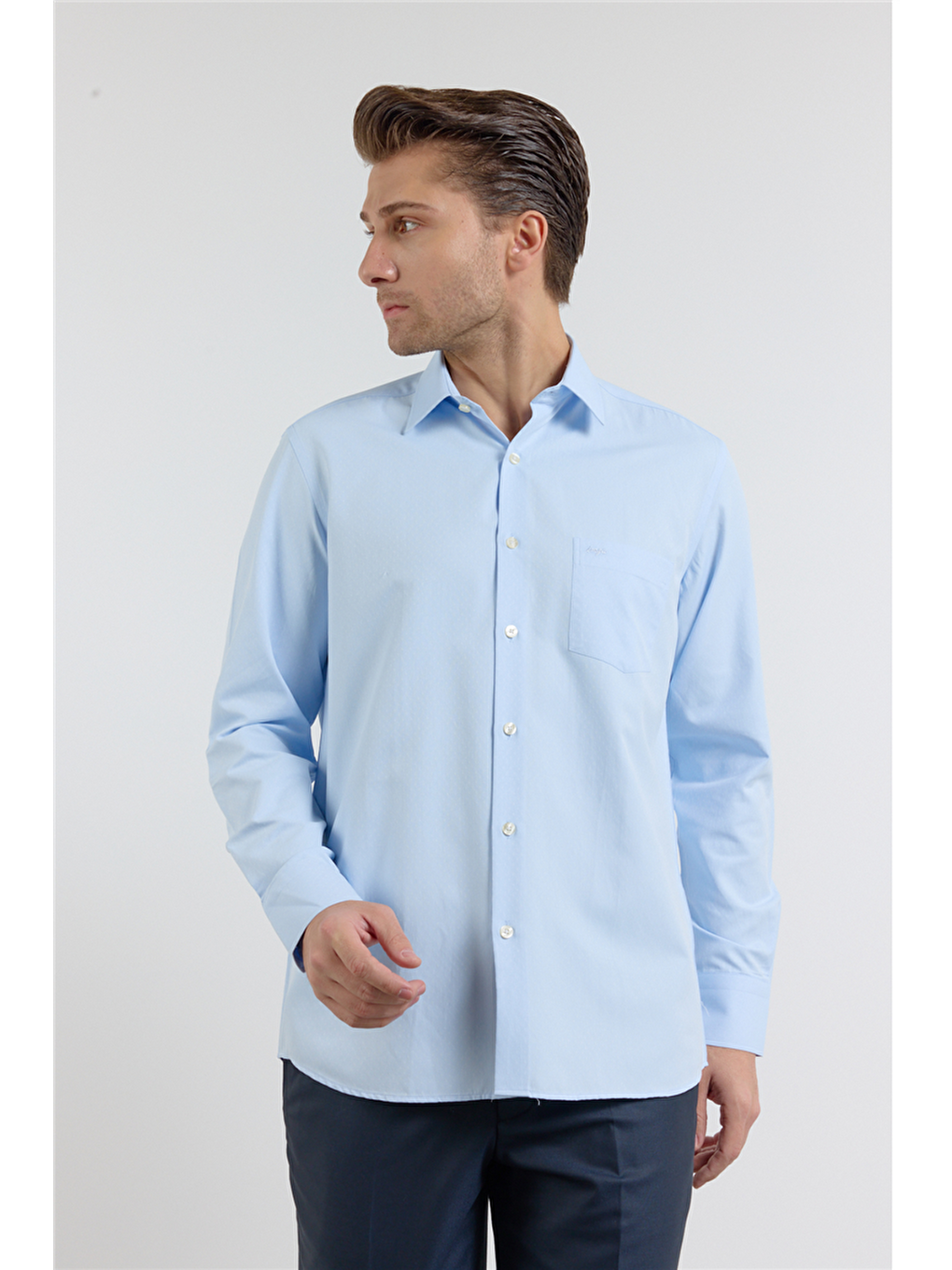 Mavi Kendinden Desenli Sert Yaka Uzun Kol Cepli Comfort Fit Pamuklu Gömlek 1004255225-2
