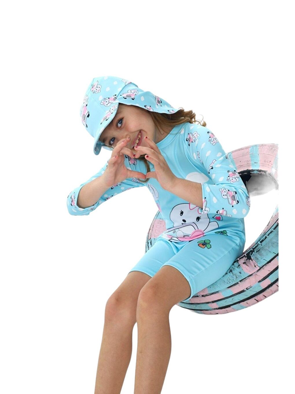 Mavi Şapkalı Fermuarlı Uzun Kollu Kız Çocuk Mayo-1