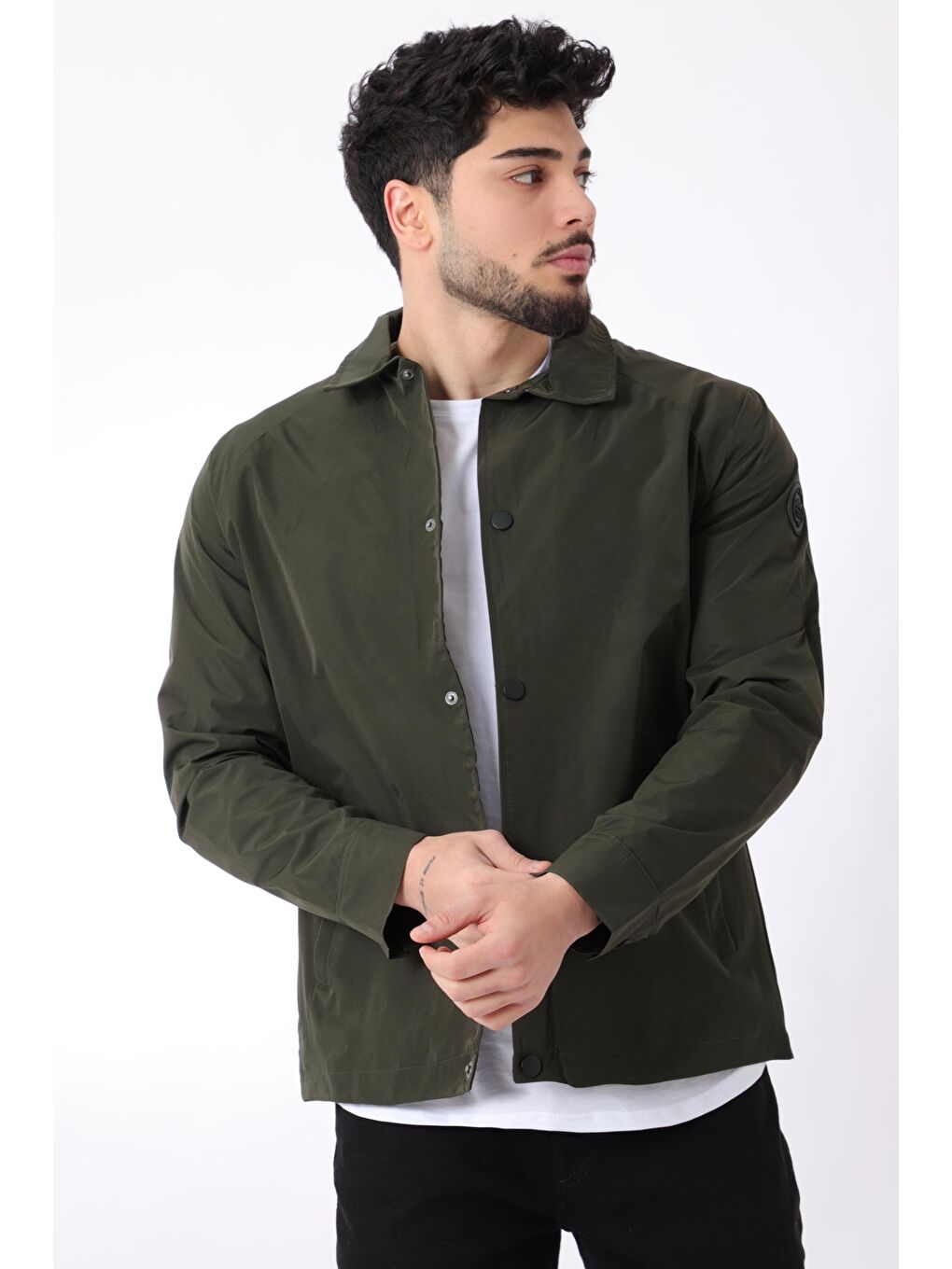 Haki Spor Elastan Kumaş Çıtçıtlı Yakalı Yağmurluk/Mevsimlik PLDP 2976_60291-1