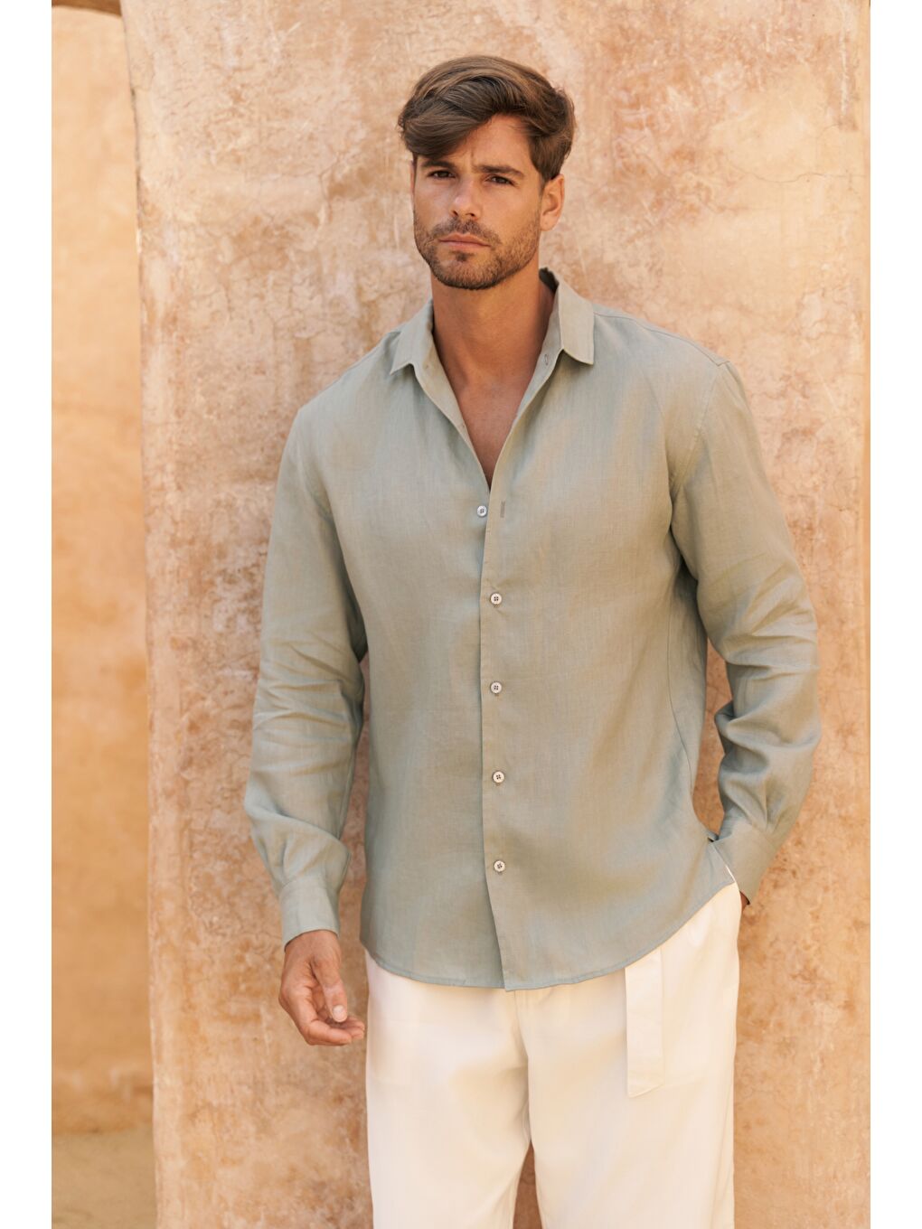 Yeşil Ottavia Mint Keten Oversize Erkek Gömlek-1