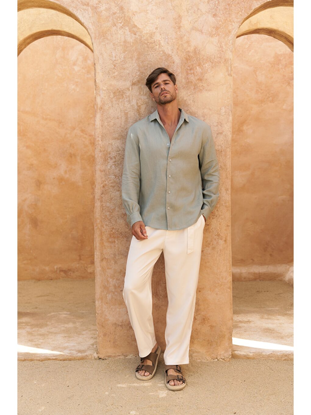 Yeşil Ottavia Mint Keten Oversize Erkek Gömlek-2