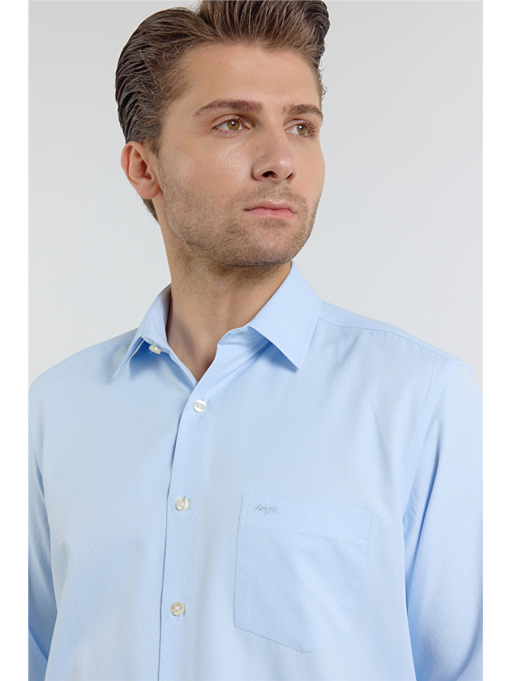 Mavi Kendinden Desenli Sert Yaka Uzun Kol Cepli Comfort Fit Pamuklu Gömlek 1004255225-3
