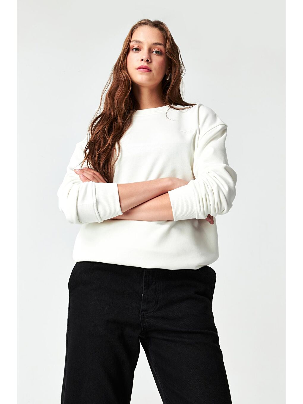 it's basic Beyaz Kadın Ekru Renk  Baskılı Oversize İçi Şardonlu SweatShirt - 4