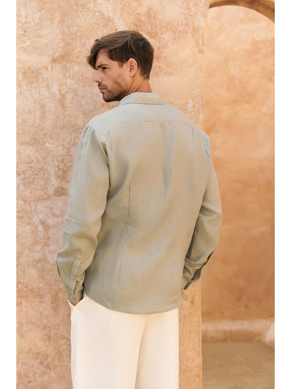 Yeşil Ottavia Mint Keten Oversize Erkek Gömlek-3