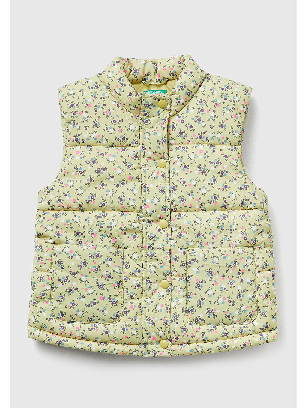Kız Çocuk Sarı Tamamı Baskılı Fermuarlı Düğmeli Dolgulu Yelek
