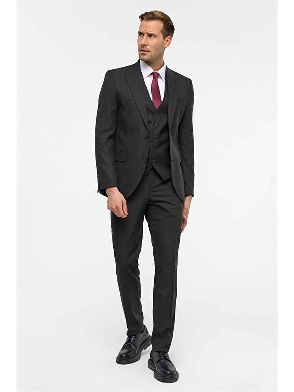 Gri Slim Desenli Sivri Yaka 6 Drop Yelekli Takım Elbise-1