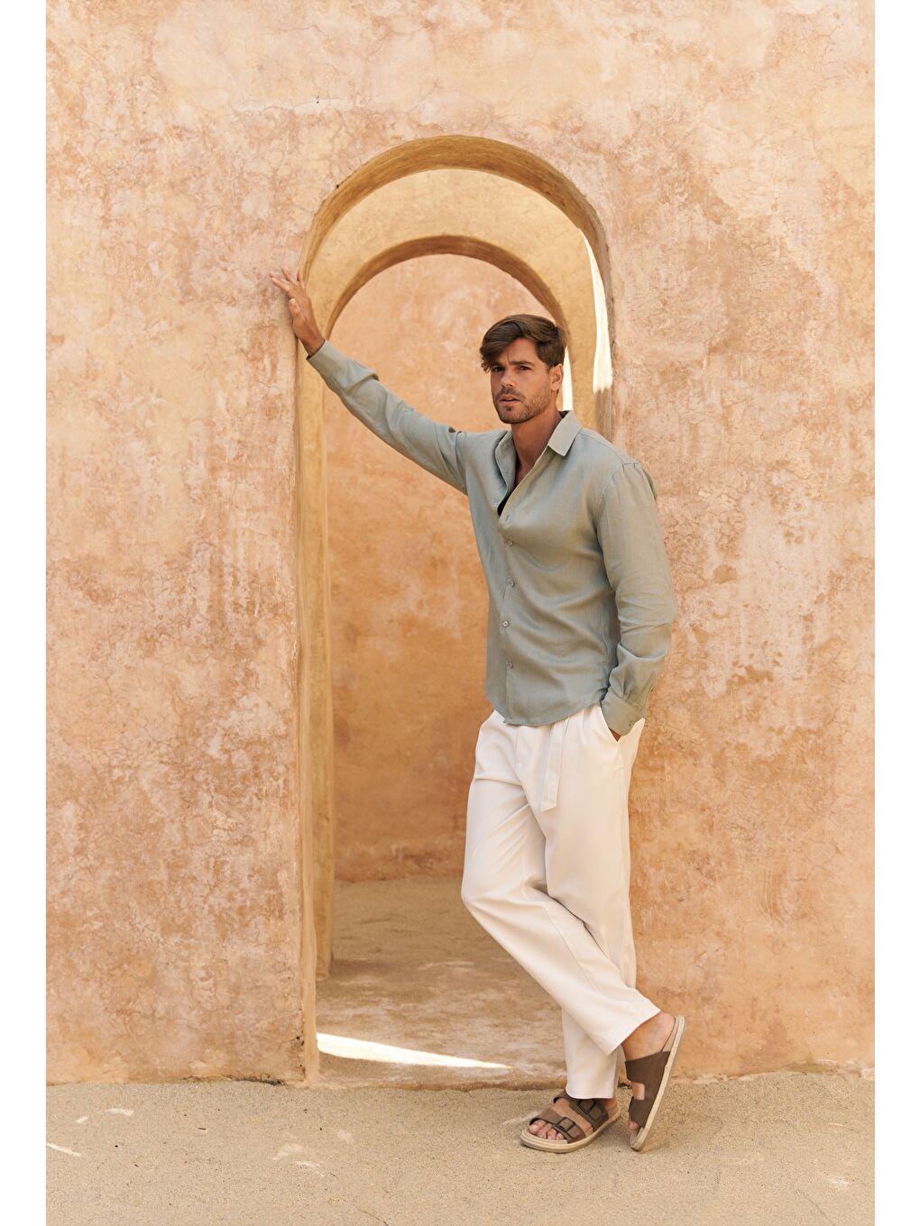 Yeşil Ottavia Mint Keten Oversize Erkek Gömlek-4