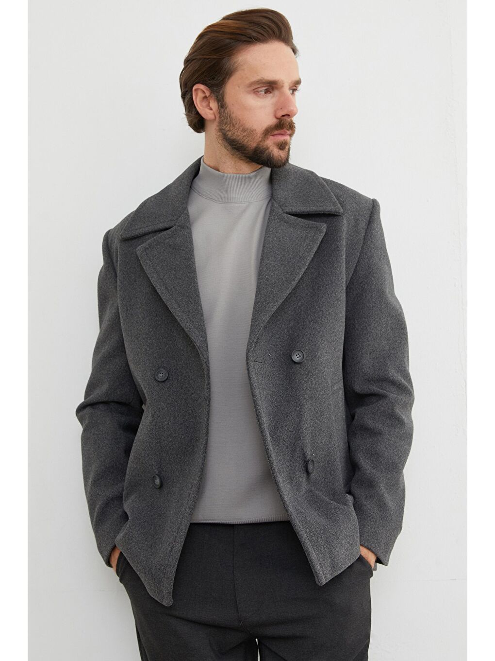 Antrasit Düğmeli Kruvaze Yaka Kaşe Kaban-1