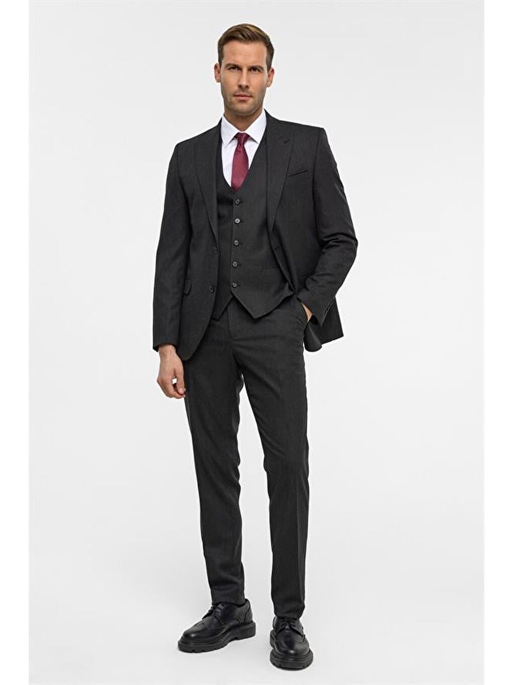 Gri Slim Desenli Sivri Yaka 6 Drop Yelekli Takım Elbise-3