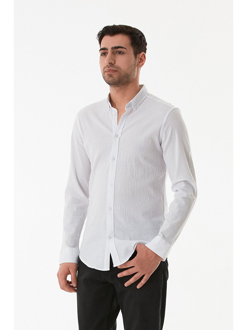 Beyaz Krinkıl Kumaş Düğmeli Gömlek-2