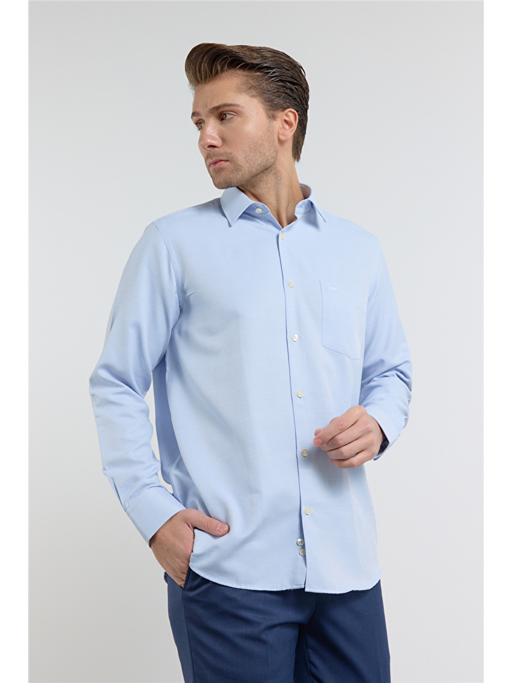 Mavi Kendinden Desenli Sert Yaka Uzun Kol Cepli Comfort Fit Pamuklu Gömlek 1004255223