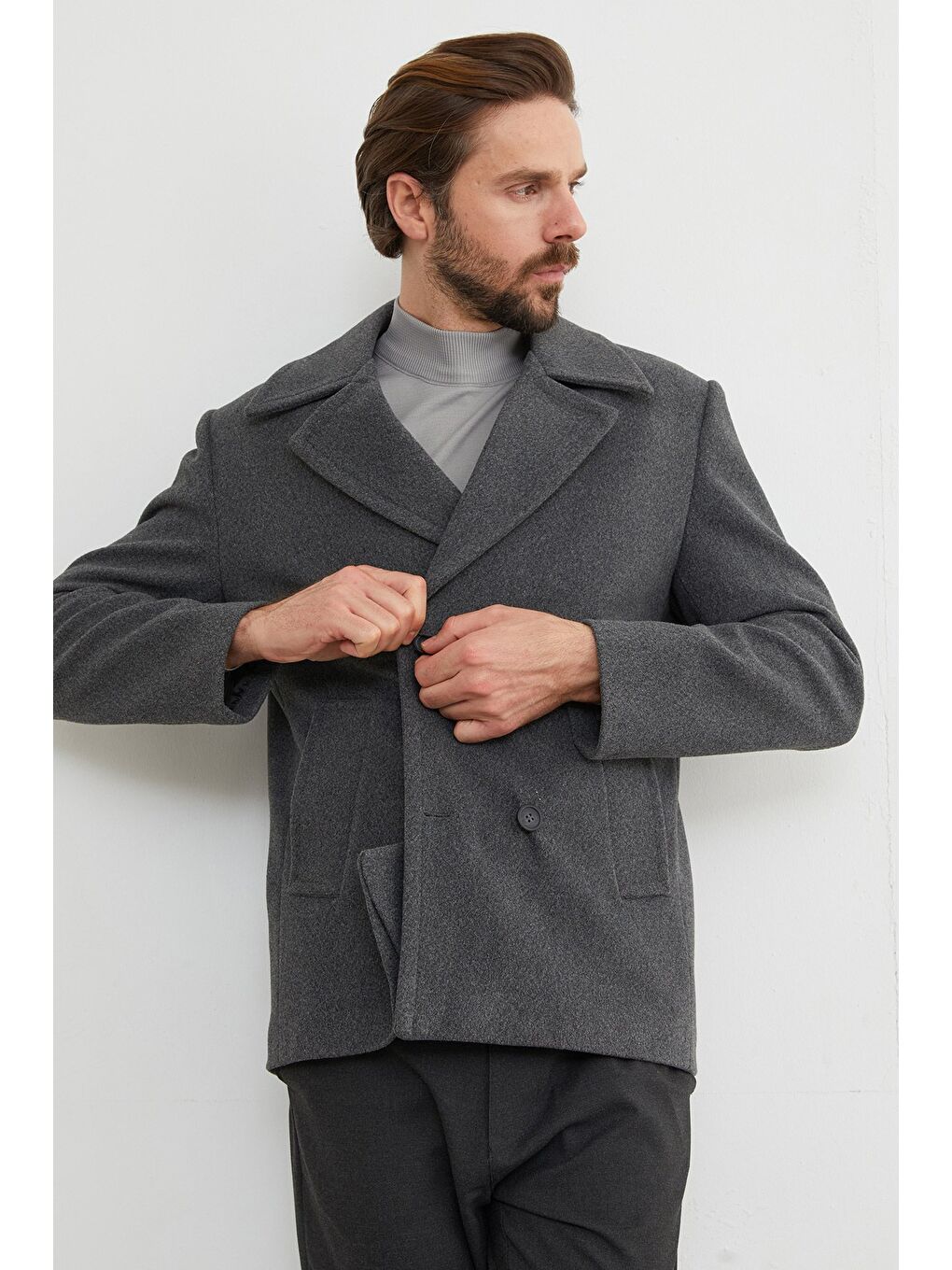Antrasit Düğmeli Kruvaze Yaka Kaşe Kaban-4