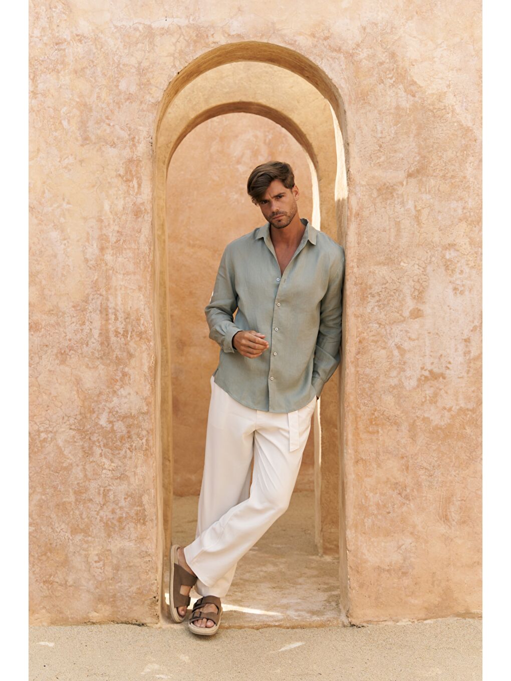 Yeşil Ottavia Mint Keten Oversize Erkek Gömlek-5