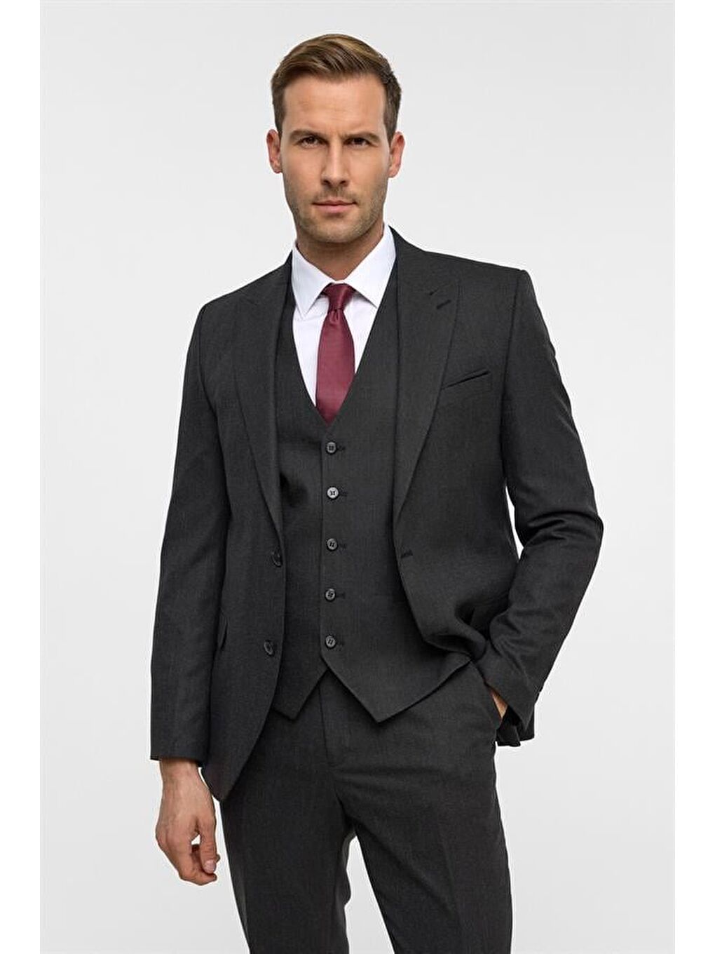 Gri Slim Desenli Sivri Yaka 6 Drop Yelekli Takım Elbise-4