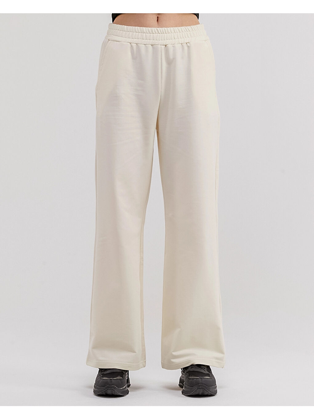 Ekru Beli Lastikli Bol Paça Kadın Eşofman Altı N003-2