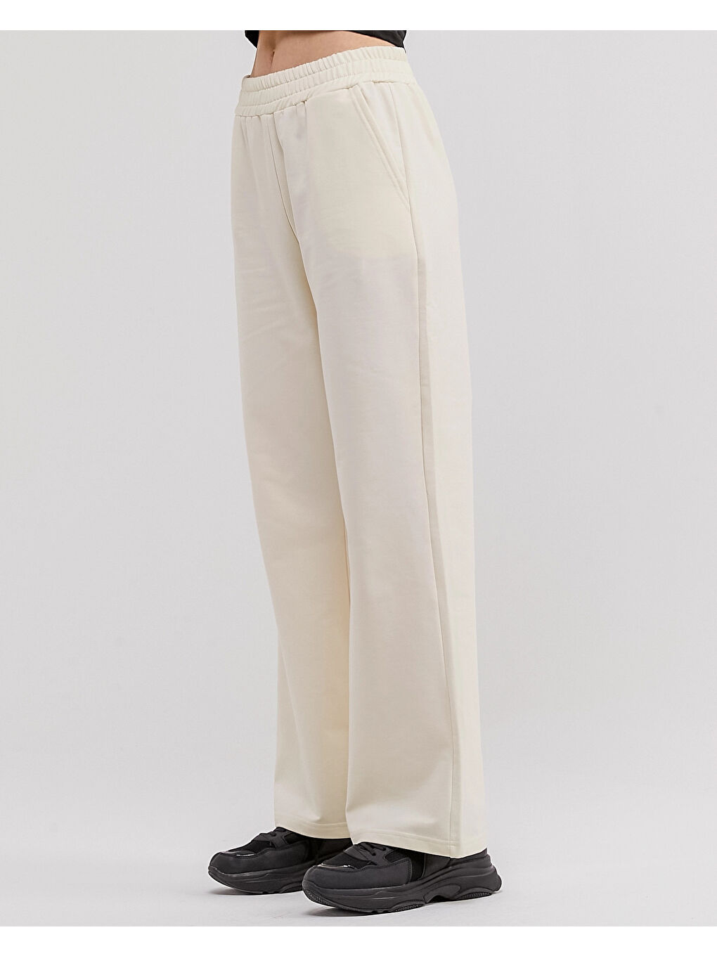 Ekru Beli Lastikli Bol Paça Kadın Eşofman Altı N003-3