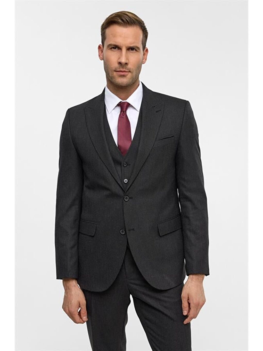 Gri Slim Desenli Sivri Yaka 6 Drop Yelekli Takım Elbise-5