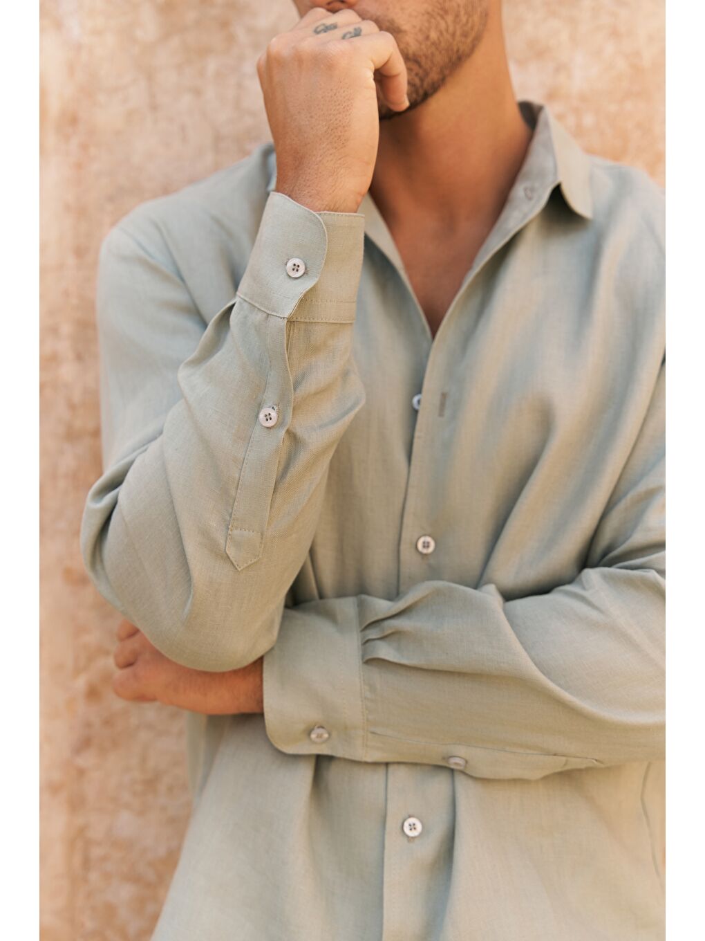 Yeşil Ottavia Mint Keten Oversize Erkek Gömlek-6