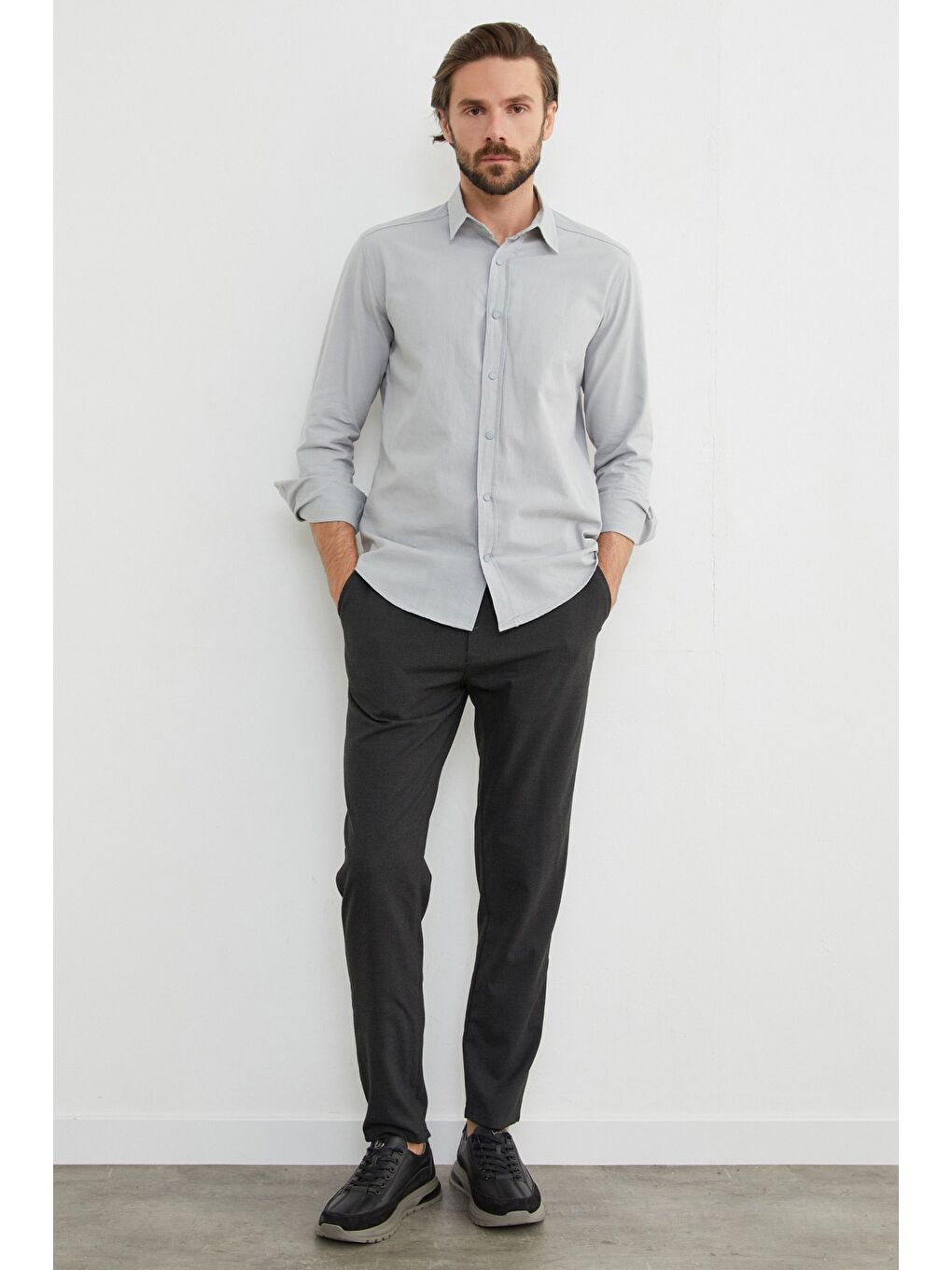 Antrasit Beli Lastikli Bağcıklı Kumaş Pantolon