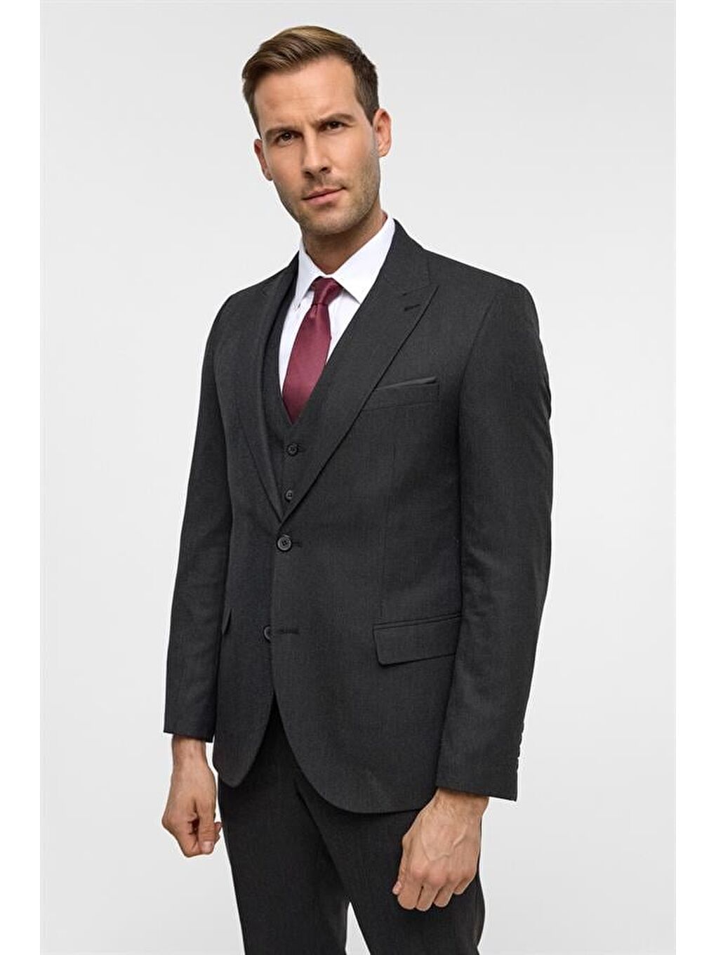 Gri Slim Desenli Sivri Yaka 6 Drop Yelekli Takım Elbise-6