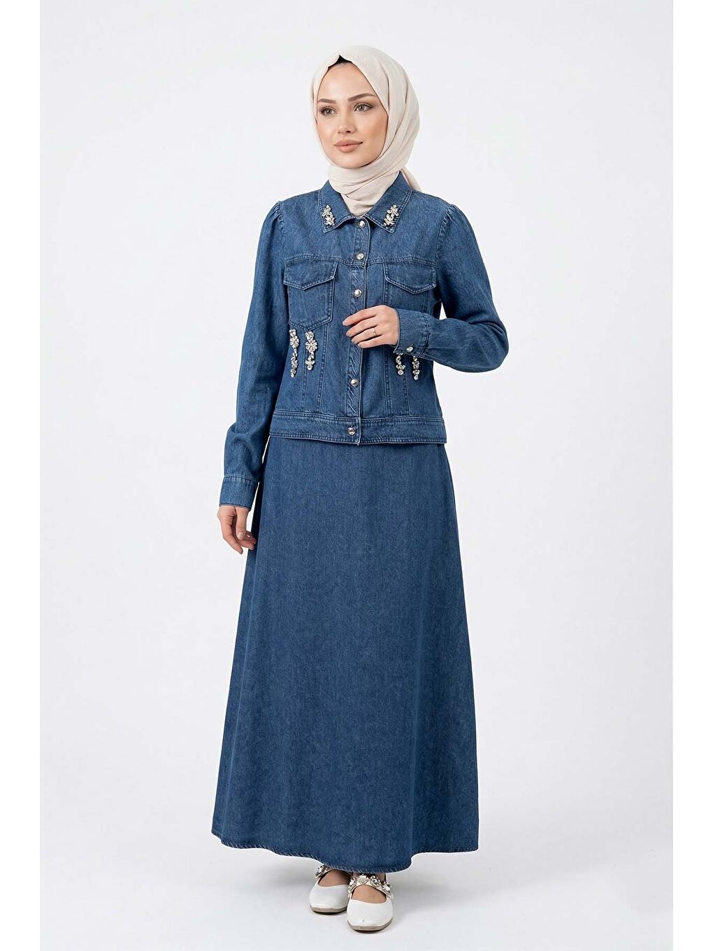 Mavi Taş Detaylı Etekli Jean Takım 19527 Denim