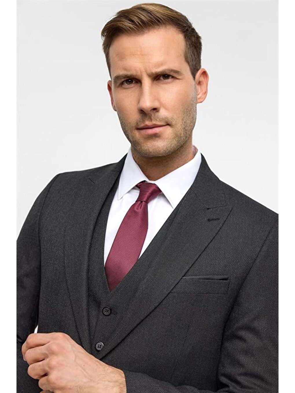 Gri Slim Desenli Sivri Yaka 6 Drop Yelekli Takım Elbise-7