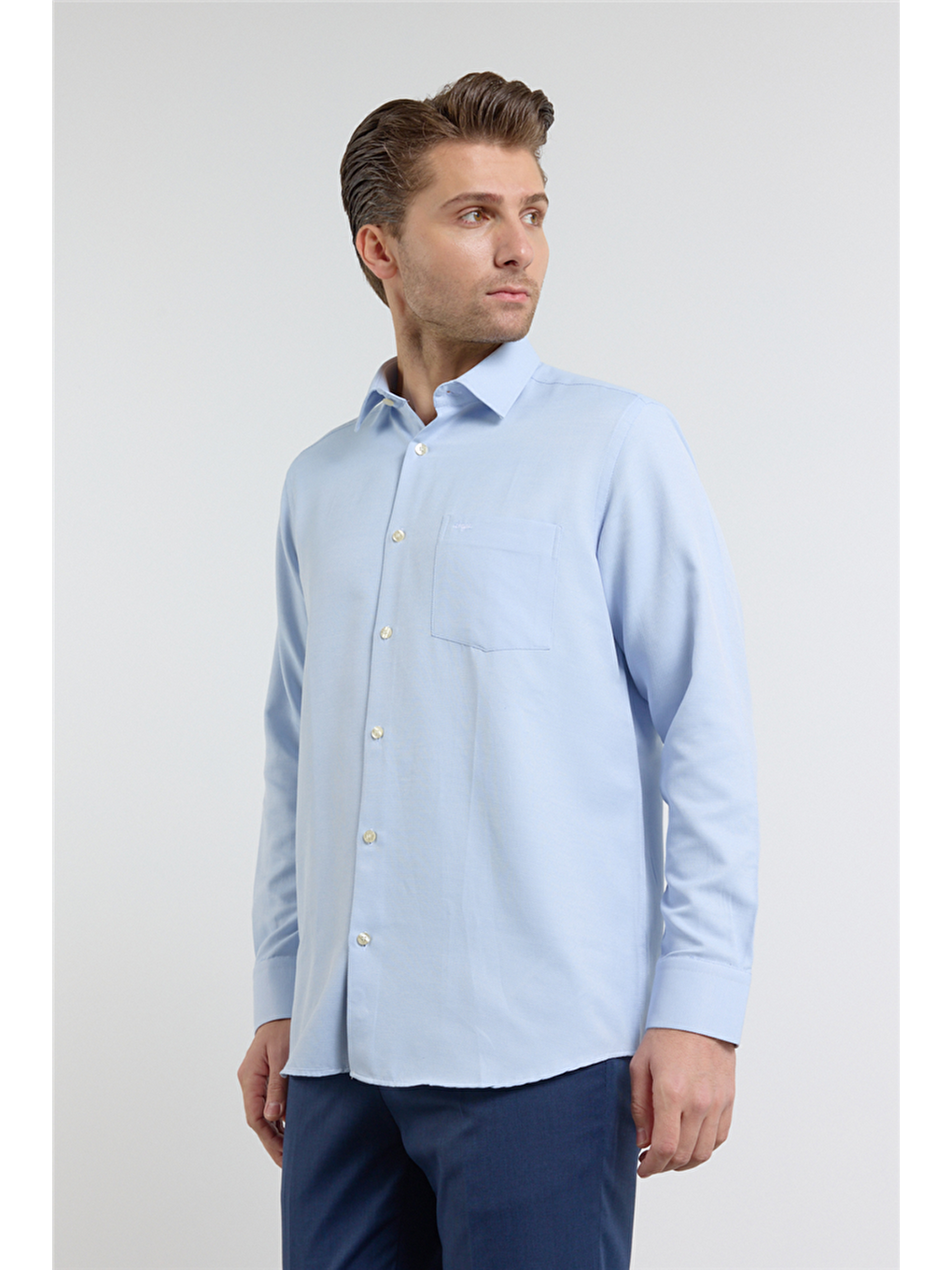 Mavi Kendinden Desenli Sert Yaka Uzun Kol Cepli Comfort Fit Pamuklu Gömlek 1004255223-2