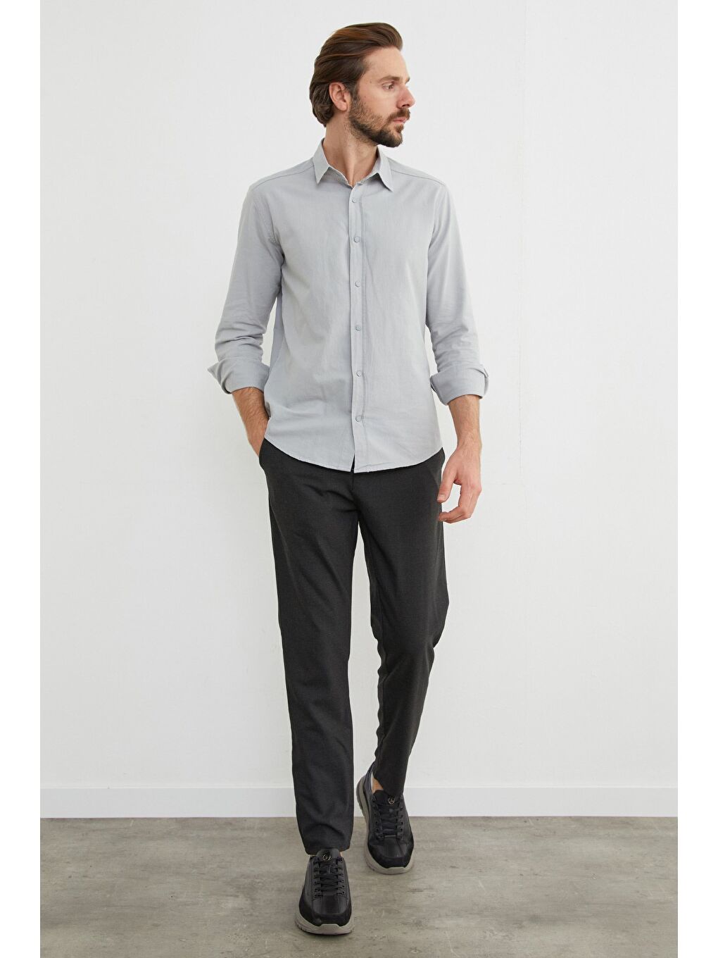 Antrasit Beli Lastikli Bağcıklı Kumaş Pantolon-2