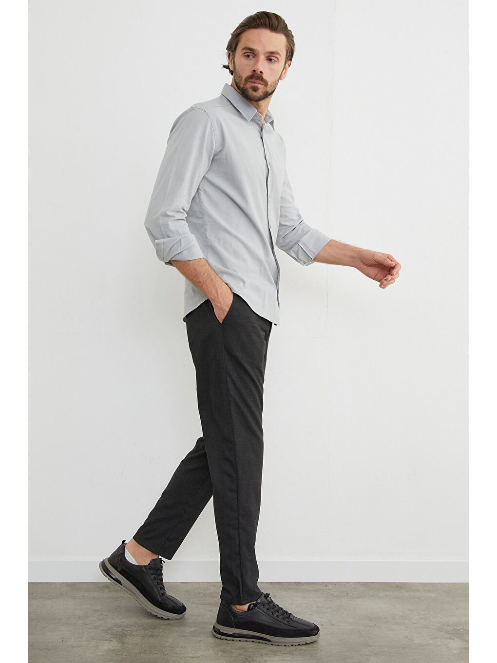 Antrasit Beli Lastikli Bağcıklı Kumaş Pantolon-3