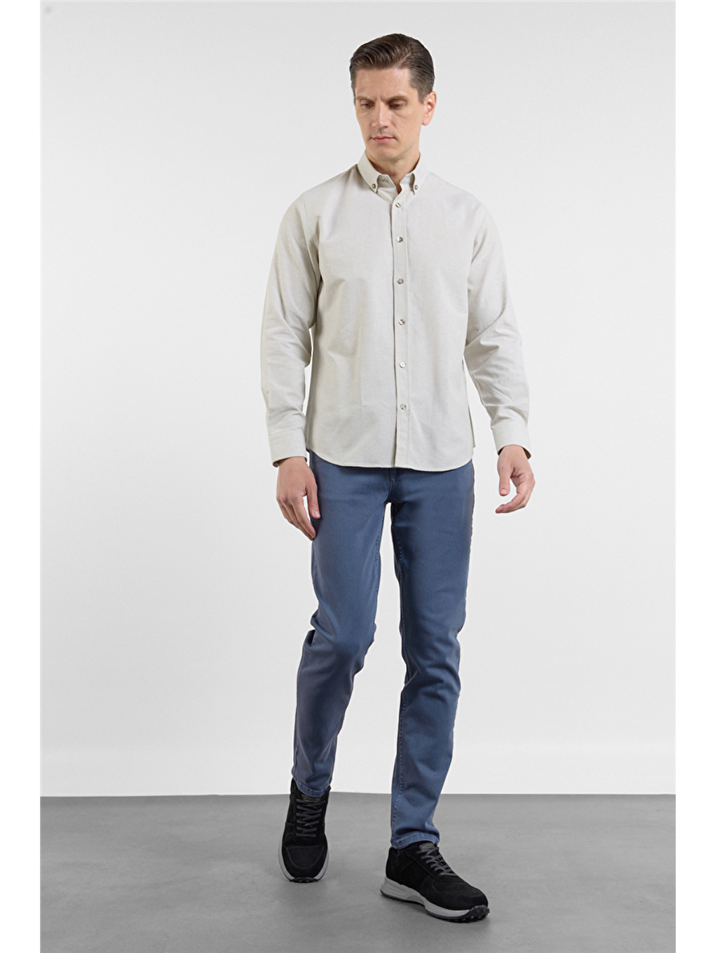 Turkuaz Su Yeşili Oxford Düğmeli Yaka Uzun Kol Cepsiz Slim Fit Pamuklu  Gömlek 1004260182-1