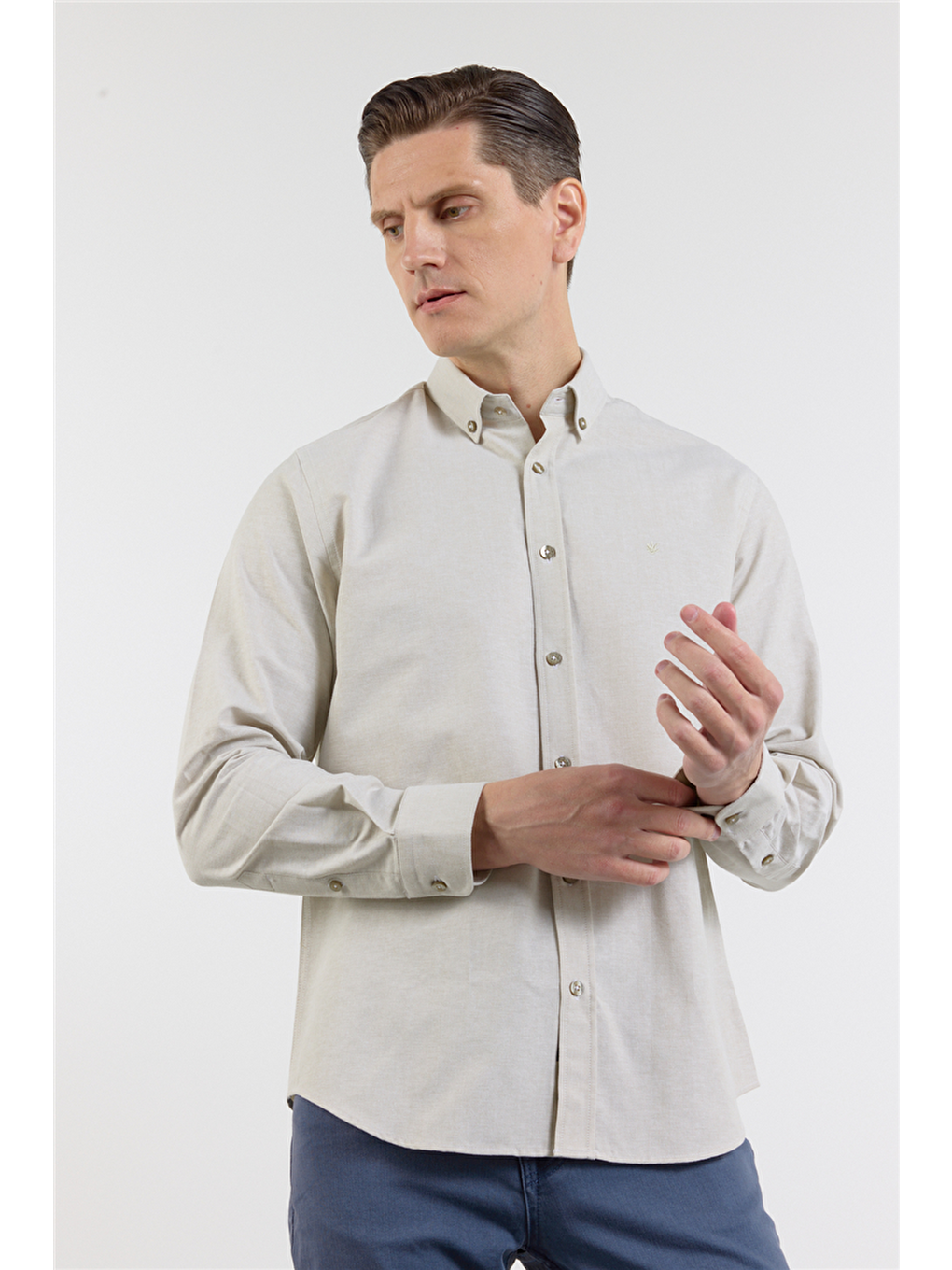 Turkuaz Su Yeşili Oxford Düğmeli Yaka Uzun Kol Cepsiz Slim Fit Pamuklu  Gömlek 1004260182-2