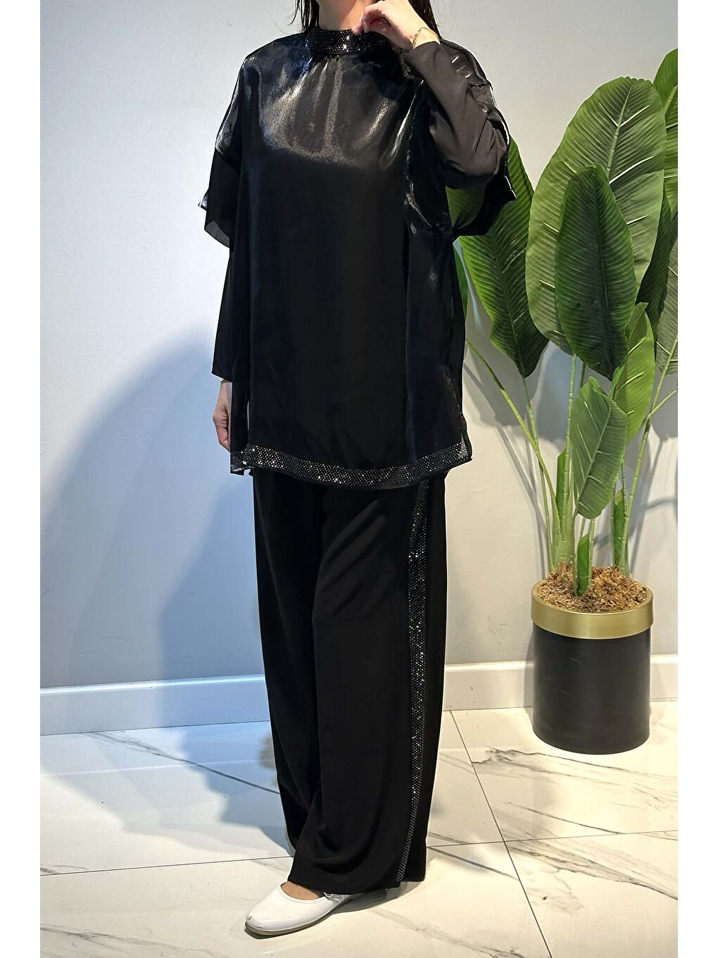 Transparan ve Taş Detay Bluz ve Pantolon Takım 8614  Siyah-1