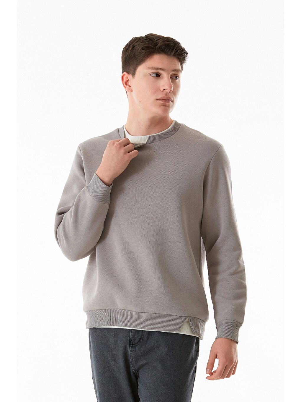 Fullamoda Gri 3 İplik Basic Bisiklet Yaka Sweatshirt - 3