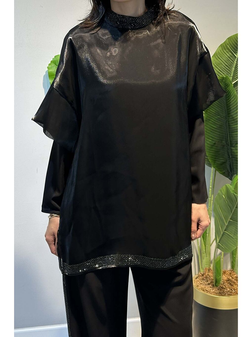 Transparan ve Taş Detay Bluz ve Pantolon Takım 8614  Siyah-2