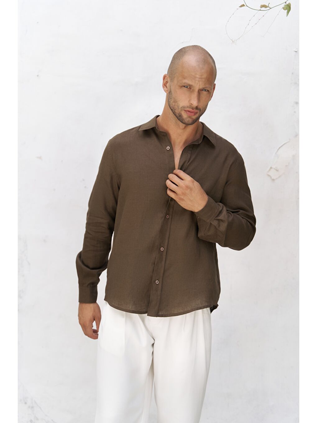 Kahverengi Bice Kahve Keten Oversize Erkek Gömlek-1