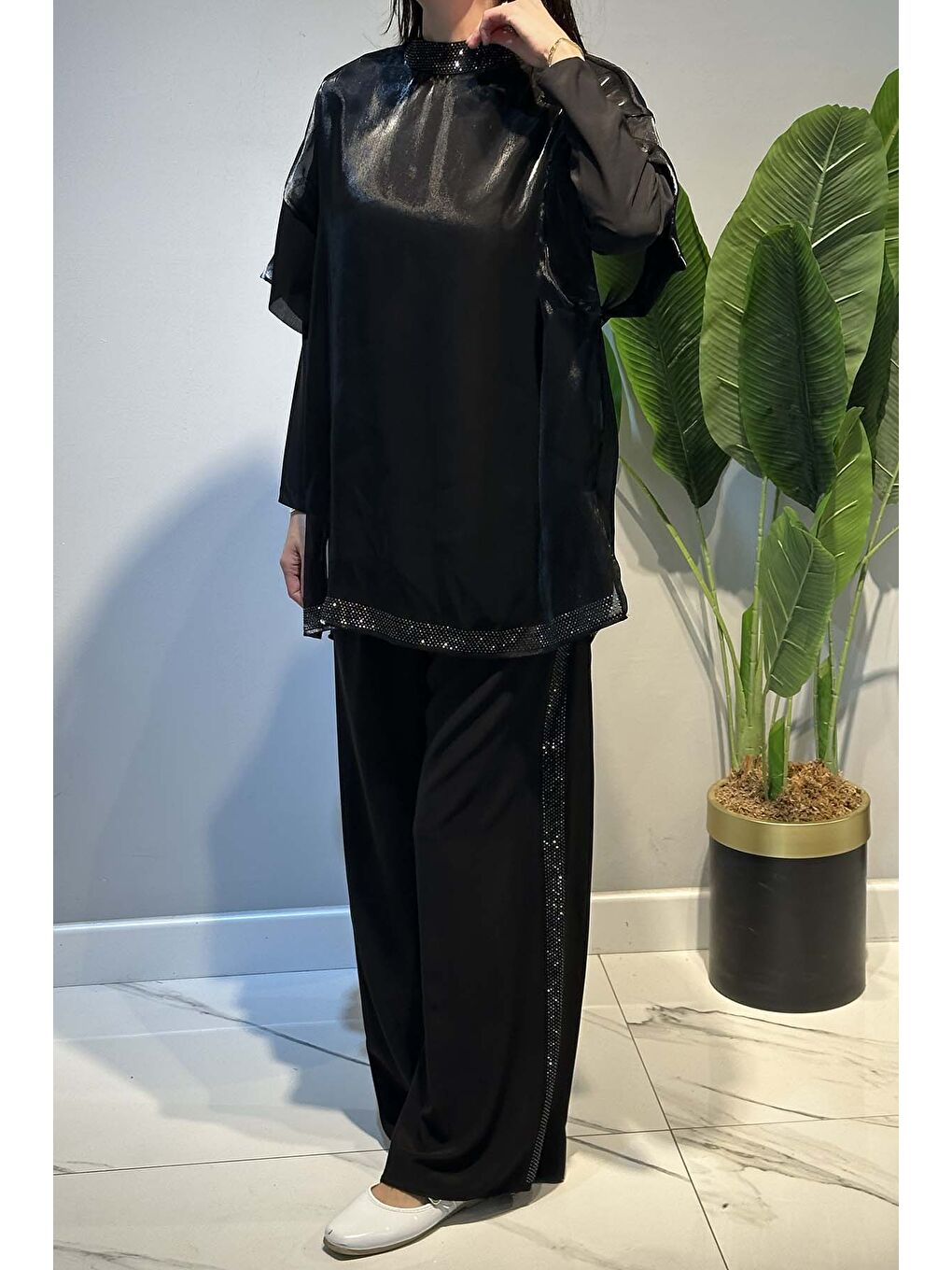 Transparan ve Taş Detay Bluz ve Pantolon Takım 8614  Siyah-3