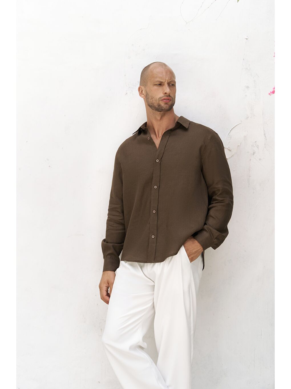 Kahverengi Bice Kahve Keten Oversize Erkek Gömlek-2