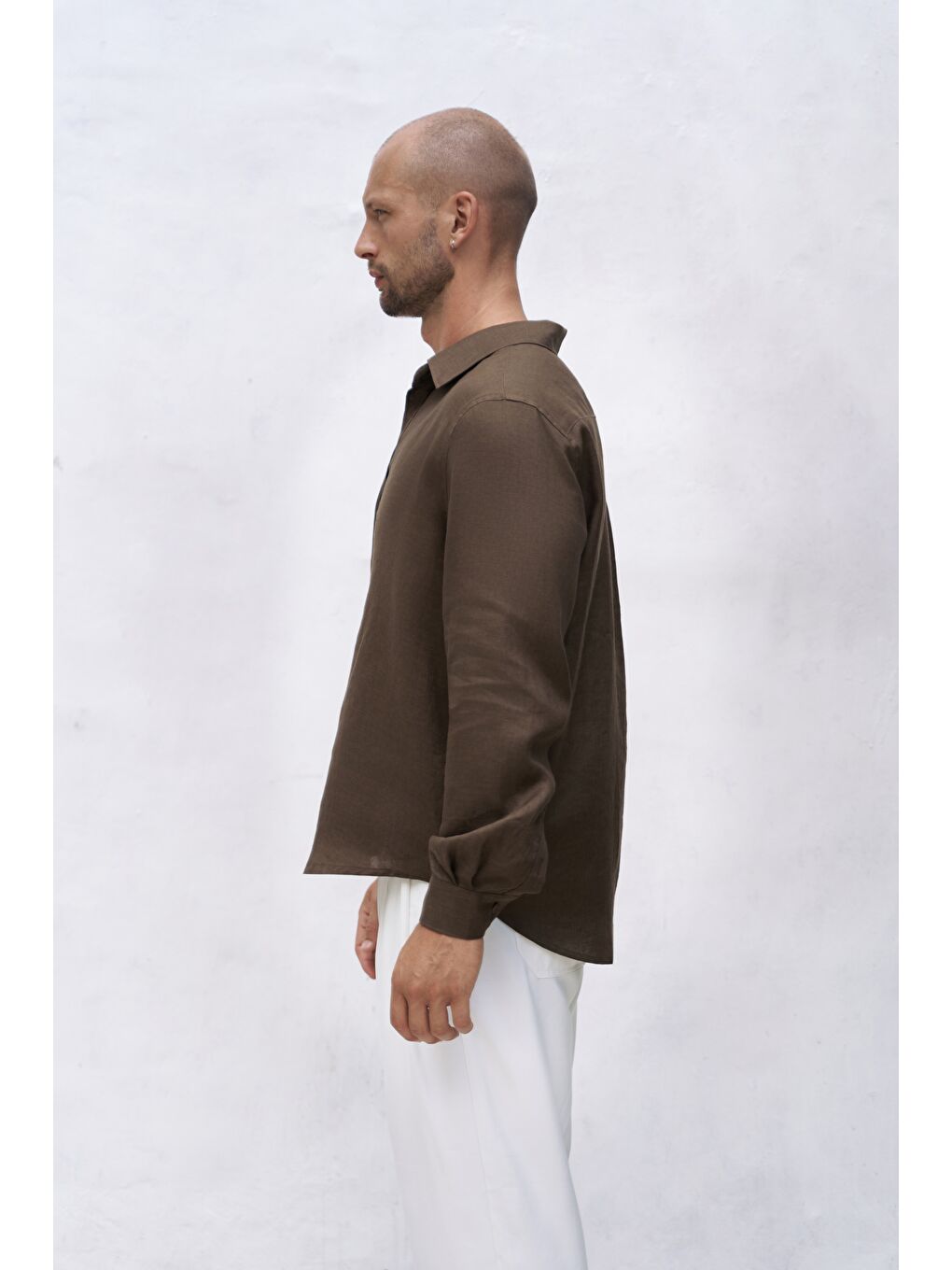 Kahverengi Bice Kahve Keten Oversize Erkek Gömlek-3